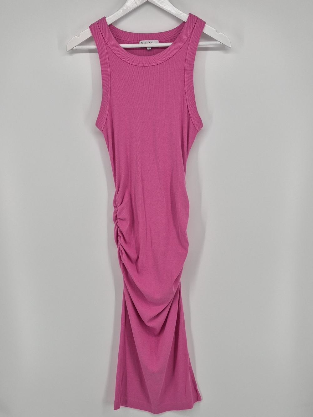 Michael Stars Pink Ribbed Knit Ruched Tank Midi Dress Small Made in USA Stretch